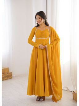 JATRIQQ - Women Yellow Georgette Embellished Gown with Dupatta