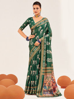 Akhilam - Cotton Silk Green Woven Designer Saree with Unstitched Blouse