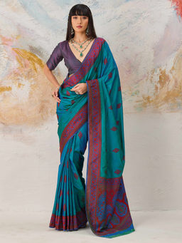 Akhilam - Kanjeevaram Silk Teal Green Woven Design Designer Saree with Unstitched Blouse