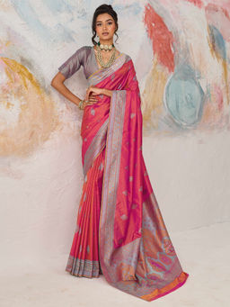 Akhilam - Kanjeevaram Silk Pink Woven Design Designer Saree with Unstitched Blouse