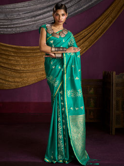 Akhilam - Satin Teal Green Woven Design Designer Saree with Unstitched Blouse