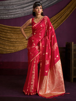 Akhilam - Satin Red Woven Design Designer Saree with Unstitched Blouse