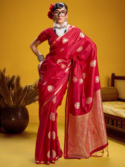 Akhilam - Satin Silk Red Woven Design Designer Saree with Unstitched Blouse