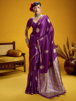 Akhilam - Satin Silk Purple Woven Design Designer Saree with Unstitched Blouse