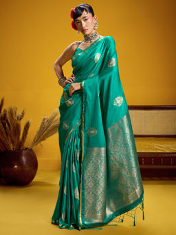 Akhilam - Satin Silk Teal Green Woven Design Designer Saree with Unstitched Blouse