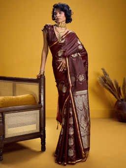 Akhilam - Satin Maroon Woven Design Designer Saree with Unstitched Blouse