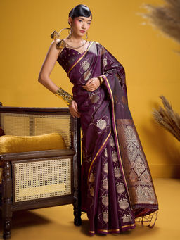 Akhilam - Satin Wine Woven Design Designer Saree with Unstitched Blouse
