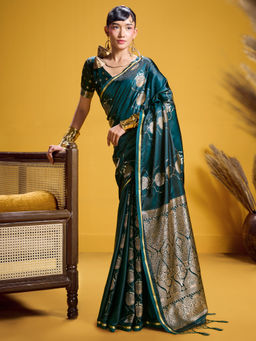 Akhilam - Satin Green Woven Design Designer Saree with Unstitched Blouse