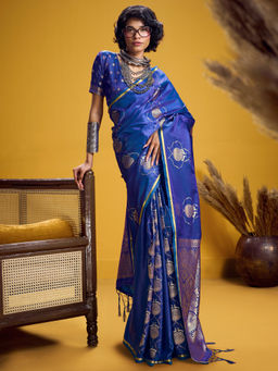 Akhilam - Satin Blue Woven Design Designer Saree with Unstitched Blouse