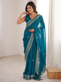 Akhilam - Satin Silk Teal Blue Zari Embroidered Designer Saree with Unstitched Blouse