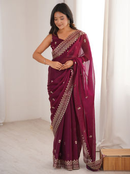 Akhilam - Satin Silk Burgundy Zari Embroidered Designer Saree with Unstitched Blouse