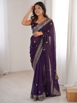 Akhilam - Satin Silk Purple Zari Embroidered Designer Saree with Unstitched Blouse