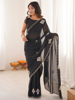 Akhilam - Tissue Black Embellished Designer Saree with Unstitched Blouse