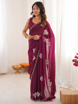 Akhilam - Tissue Wine Embellished Designer Saree with Unstitched Blouse
