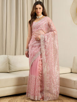 Akhilam - Net Pink Embellished Designer Saree with Unstitched Blouse