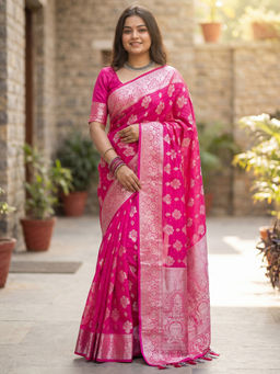 Akhilam - Georgette Pink Woven Designer Saree with Unstitched Blouse