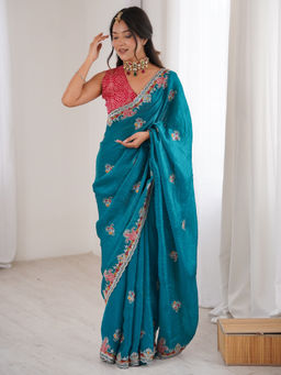 Akhilam - Satin Silk Teal Blue Embellished Designer Saree with Unstitched Blouse