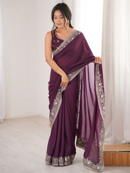 Akhilam - Georgette Wine Zari Embroidered Designer Saree with Unstitched Blouse