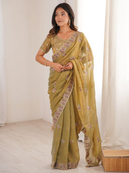 Akhilam - Tissue Olive Zari Embroidered Designer Saree with Unstitched Blouse