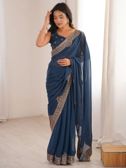 Akhilam - Georgette Navy Blue Zari Embroidered Designer Saree with Unstitched Blouse