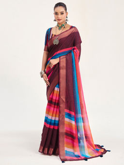 Akhilam - Linen Dark Brown Woven Designer Saree with Unstitched Blouse