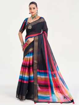 Akhilam - Linen Black Woven Designer Saree with Unstitched Blouse