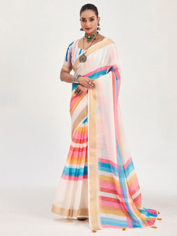Akhilam - Linen Off White Woven Designer Saree with Unstitched Blouse