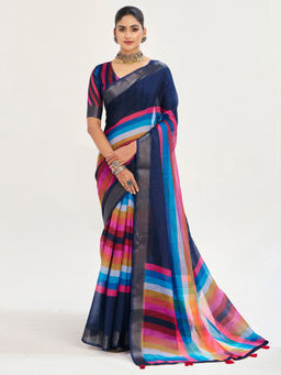 Akhilam - Linen Blue Woven Designer Saree with Unstitched Blouse