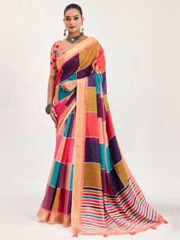 Akhilam - Linen Multicolored Woven Designer Saree with Unstitched Blouse