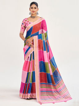 Akhilam - Linen Multicolored Woven Designer Saree with Unstitched Blouse