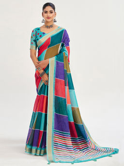 Akhilam - Linen Multicolored Woven Designer Saree with Unstitched Blouse