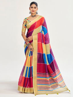 Akhilam - Linen Multicolored Woven Designer Saree with Unstitched Blouse