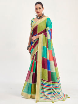 Akhilam - Linen Multicolored Woven Designer Saree with Unstitched Blouse