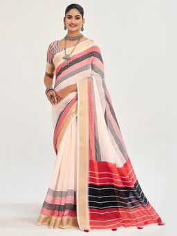 Akhilam - Linen Off White Woven Designer Saree with Unstitched Blouse