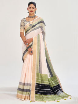 Akhilam - Linen Off White Woven Designer Saree with Unstitched Blouse
