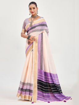 Akhilam - Linen Off White Woven Designer Saree with Unstitched Blouse