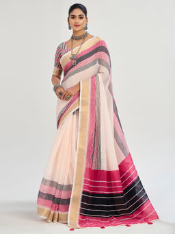 Akhilam - Linen Off White Woven Designer Saree with Unstitched Blouse