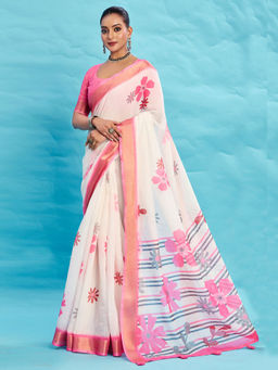 Akhilam - Linen White Floral Printed Designer Saree with Unstitched Blouse