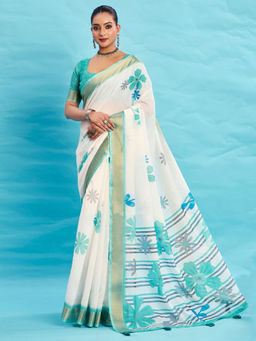 Akhilam - Linen White Floral Printed Designer Saree with Unstitched Blouse