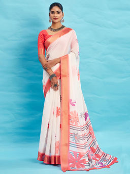 Akhilam - Linen White Floral Printed Designer Saree with Unstitched Blouse