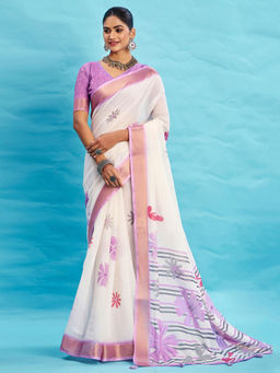 Akhilam - Linen White Floral Printed Designer Saree with Unstitched Blouse