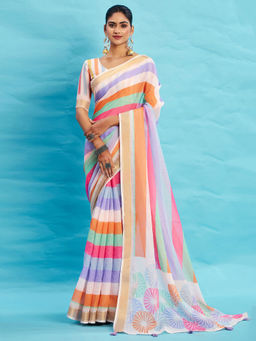 Akhilam - Linen Multicolored Woven Designer Saree with Unstitched Blouse