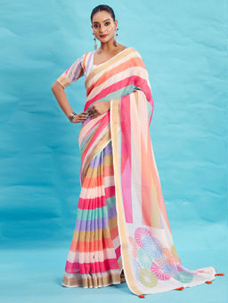 Akhilam - Linen Multicolored Woven Designer Saree with Unstitched Blouse