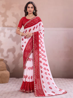 Akhilam - Georgette White Printed Designer Saree with Unstitched Blouse