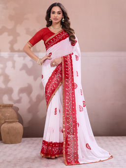 Akhilam - Georgette White Printed Designer Saree with Unstitched Blouse