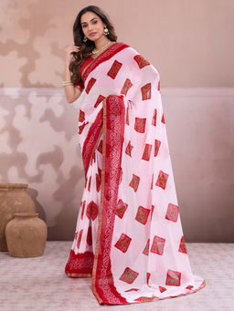 Akhilam - Georgette White Printed Designer Saree with Unstitched Blouse