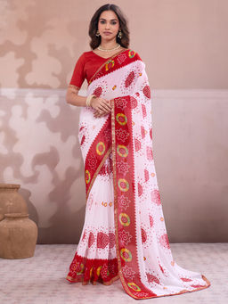 Akhilam - Georgette White Printed Designer Saree with Unstitched Blouse