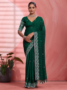 Akhilam - Chiffon Dark Green Embellished Designer Saree with Unstitched Blouse