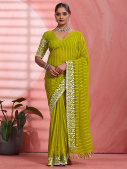 Akhilam - Chiffon Green Embellished Designer Saree with Unstitched Blouse