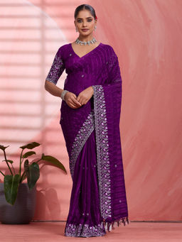 Akhilam - Chiffon Purple Embellished Designer Saree with Unstitched Blouse